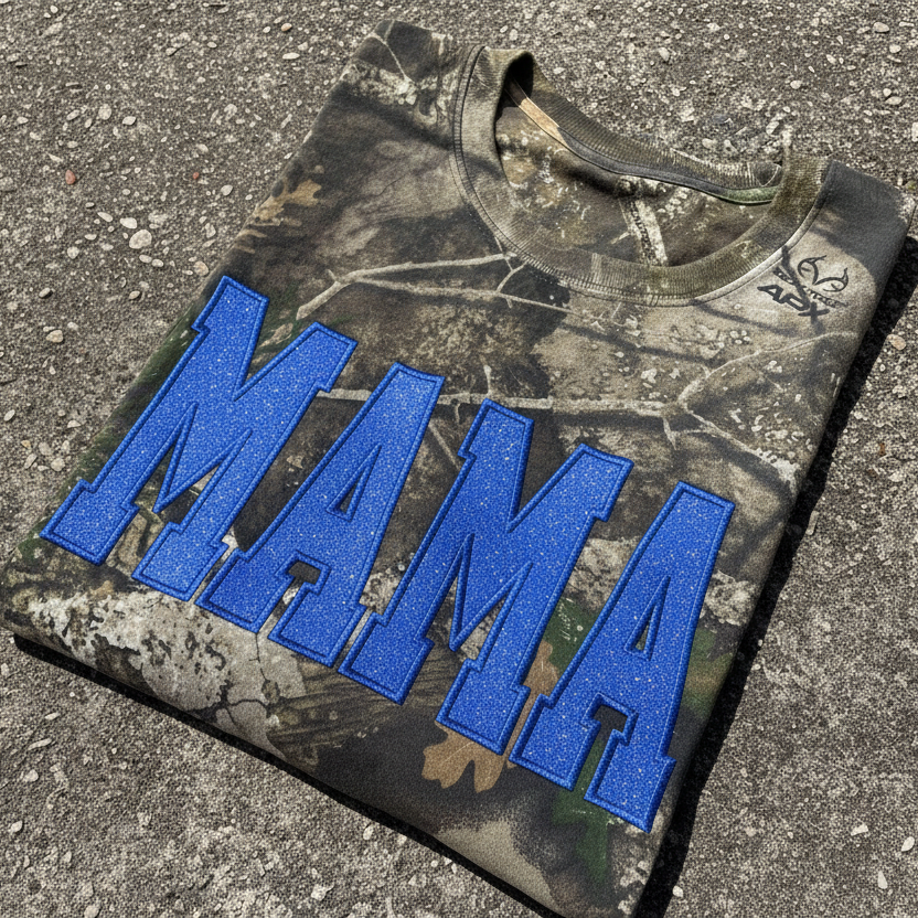 Custom Glitter Applique Camo Embroidered Shirt – Realtree + Embroidery