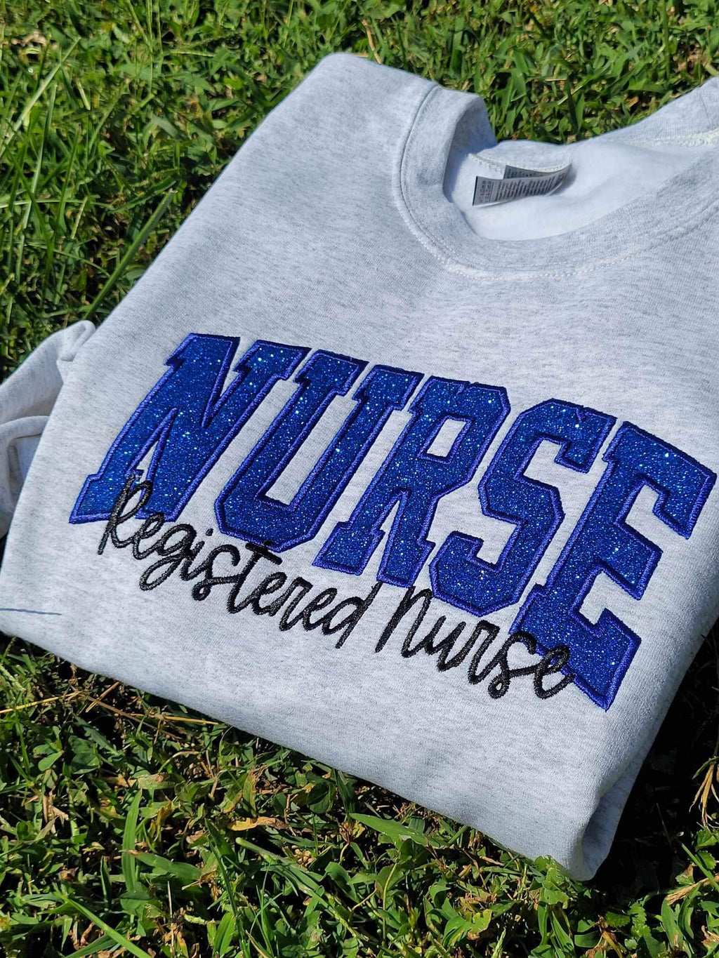 Personalized Custom Varsity Glitter Applique with September Script Font and Icon on Sleeve Embroidered Shirt