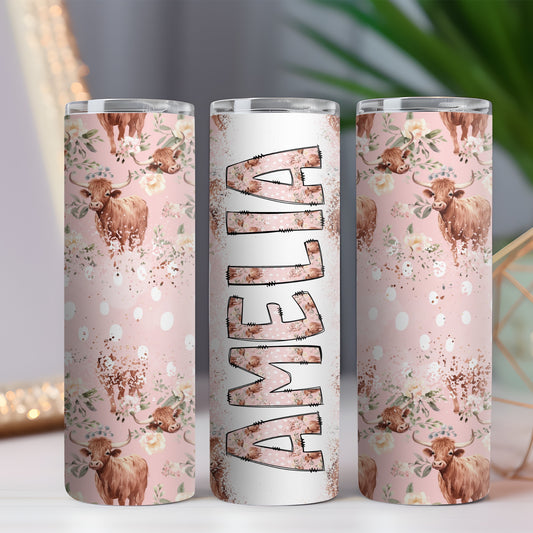 Personalized Highland Cows and Pink Polka Dot Completed 20oz Skinny Tumbler
