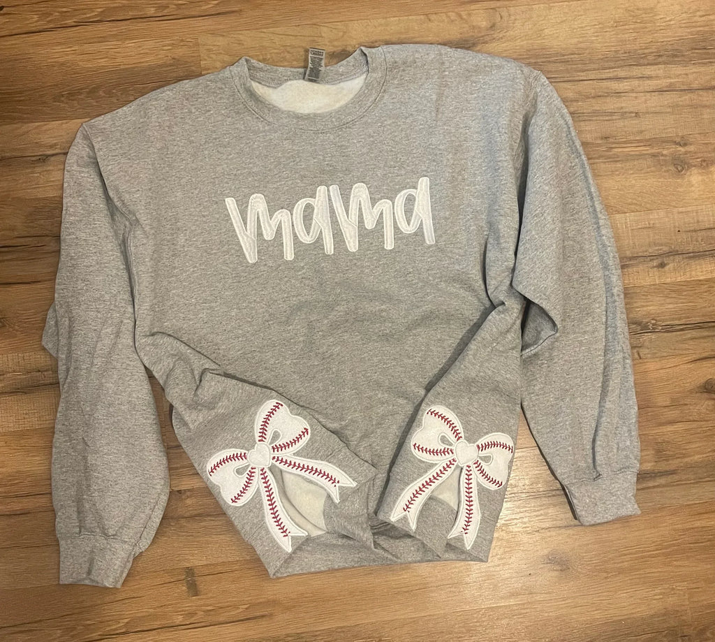 Baseball Side Bow Glitter Applique Embroidered Sweatshirt with Optional Front - Merch Girls
