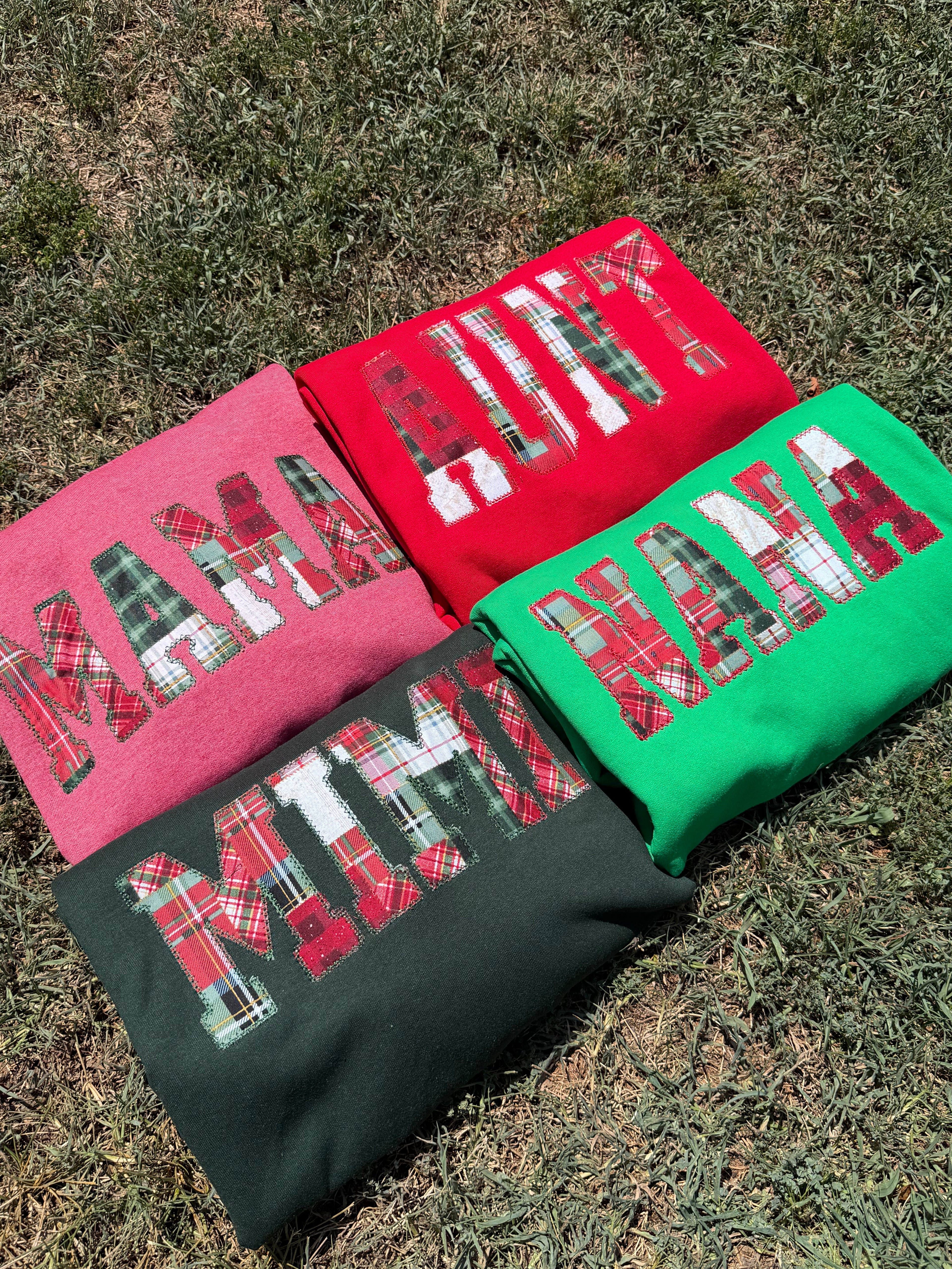 Nana Embroidered Christmas Plaid Personalized Sweatshirt | Custom Diamond Edge Name Appliqué
