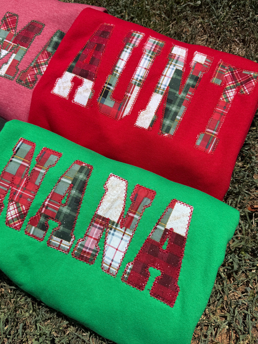 Nana Embroidered Christmas Plaid Personalized Sweatshirt | Custom Diamond Edge Name Appliqué