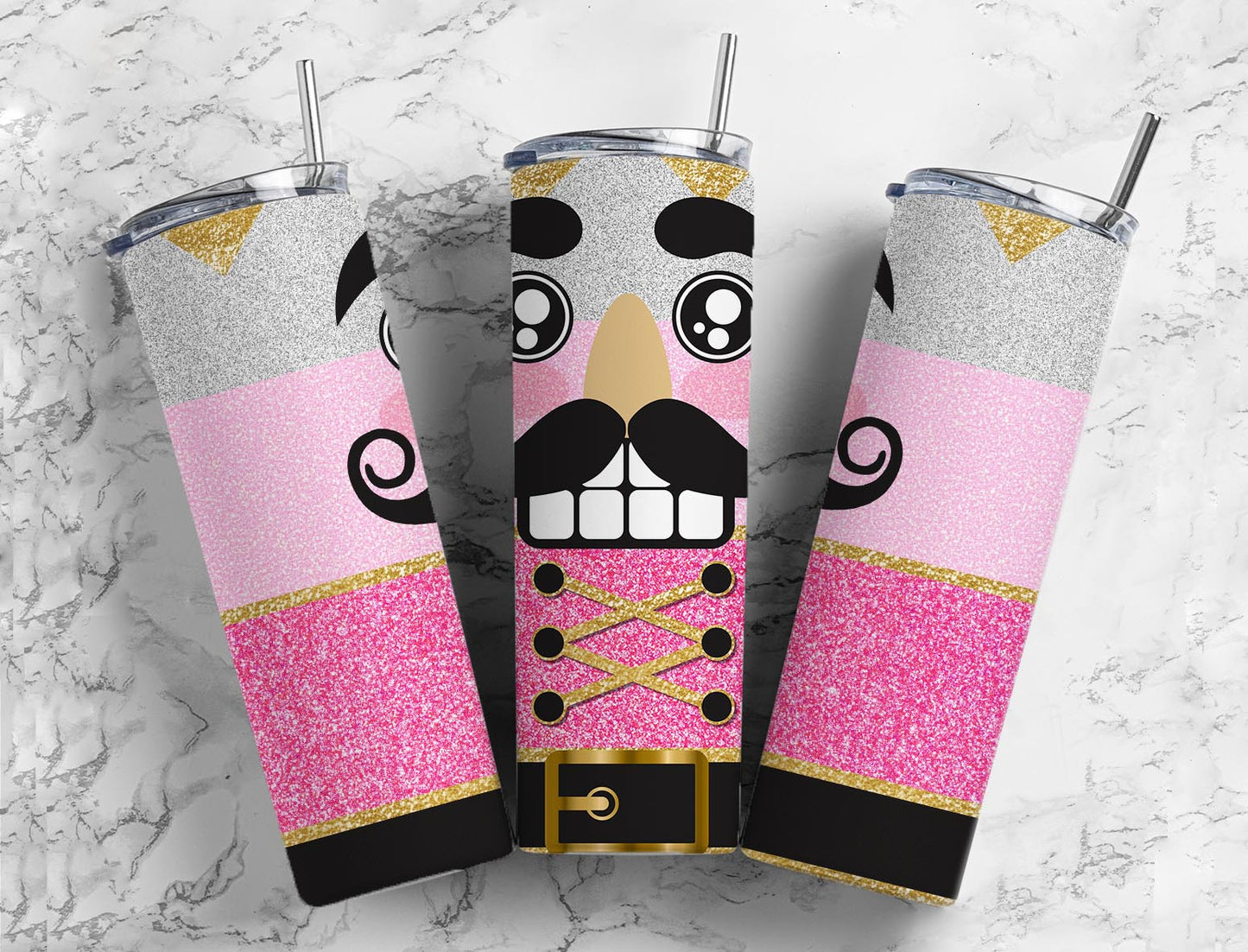 Pink Mustache Toy Soldier Nutcracker Holiday Completed 20oz Skinny Tumbler