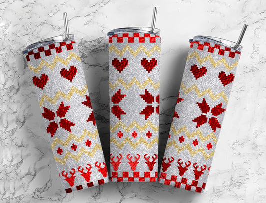 Patchwork Knitting Ugly Sweater Faux Glitter Christmas Completed 20oz Skinny Tumbler