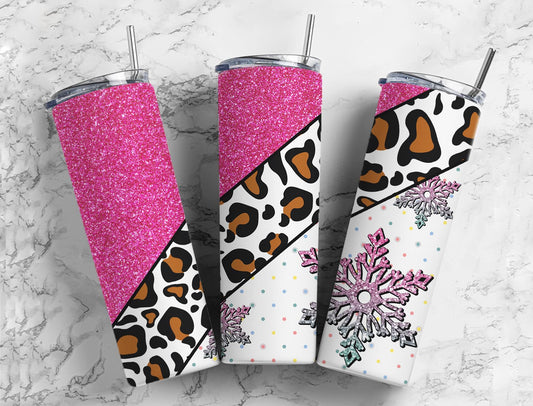 Pink with Leopard Print and Snowflakes Holiday Completed 20oz Skinny Tumbler