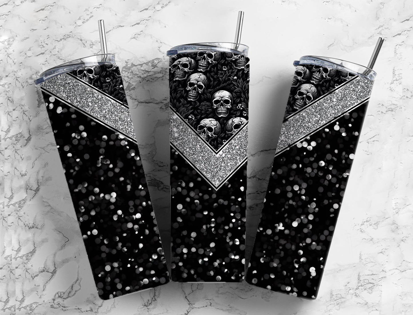 Faux Glitter and Skulls Completed 20oz Skinny Tumbler