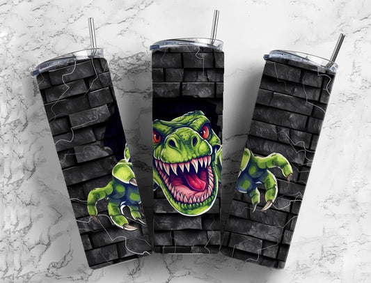 Dino Busting Through Wall Completed 20oz Skinny Tumbler