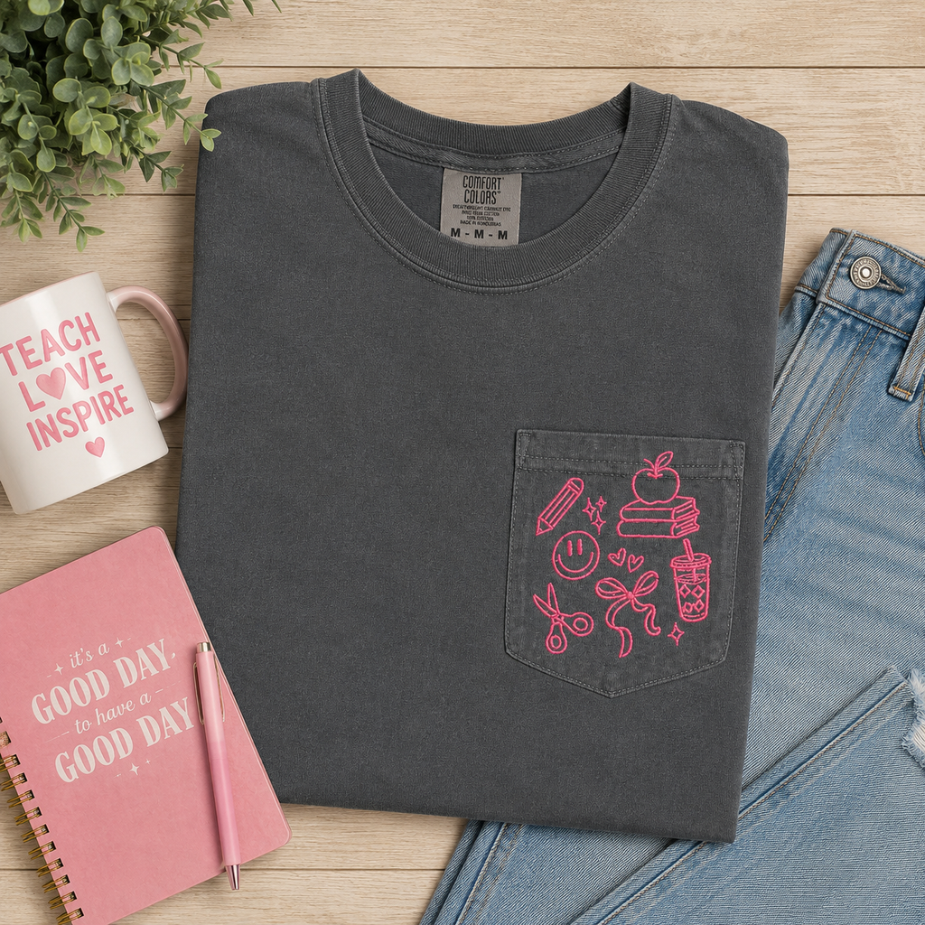 Teacher Doodle Embroidered Pocket Tee | Back to School
