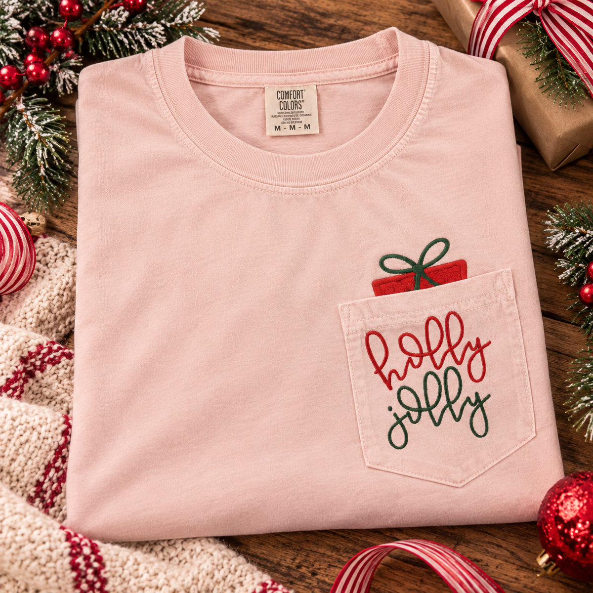 Holly Jolly Pocketful | Embroidered Applique Christmas Pocket Tee
