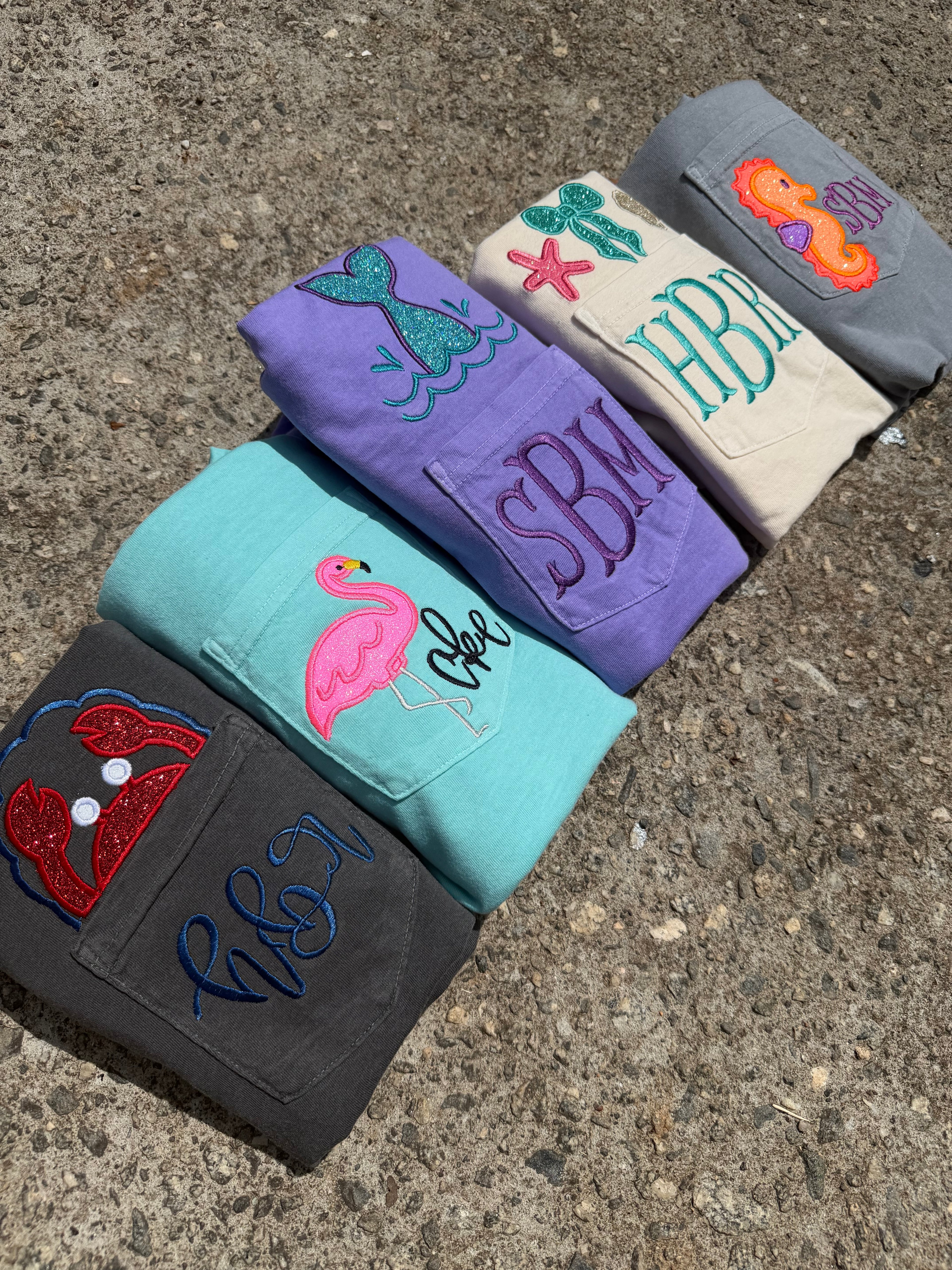 Custom Crab Monogram Pocket Tee | Comfort Colors Pocket T-Shirt | Coastal Embroidered Initial Shirt