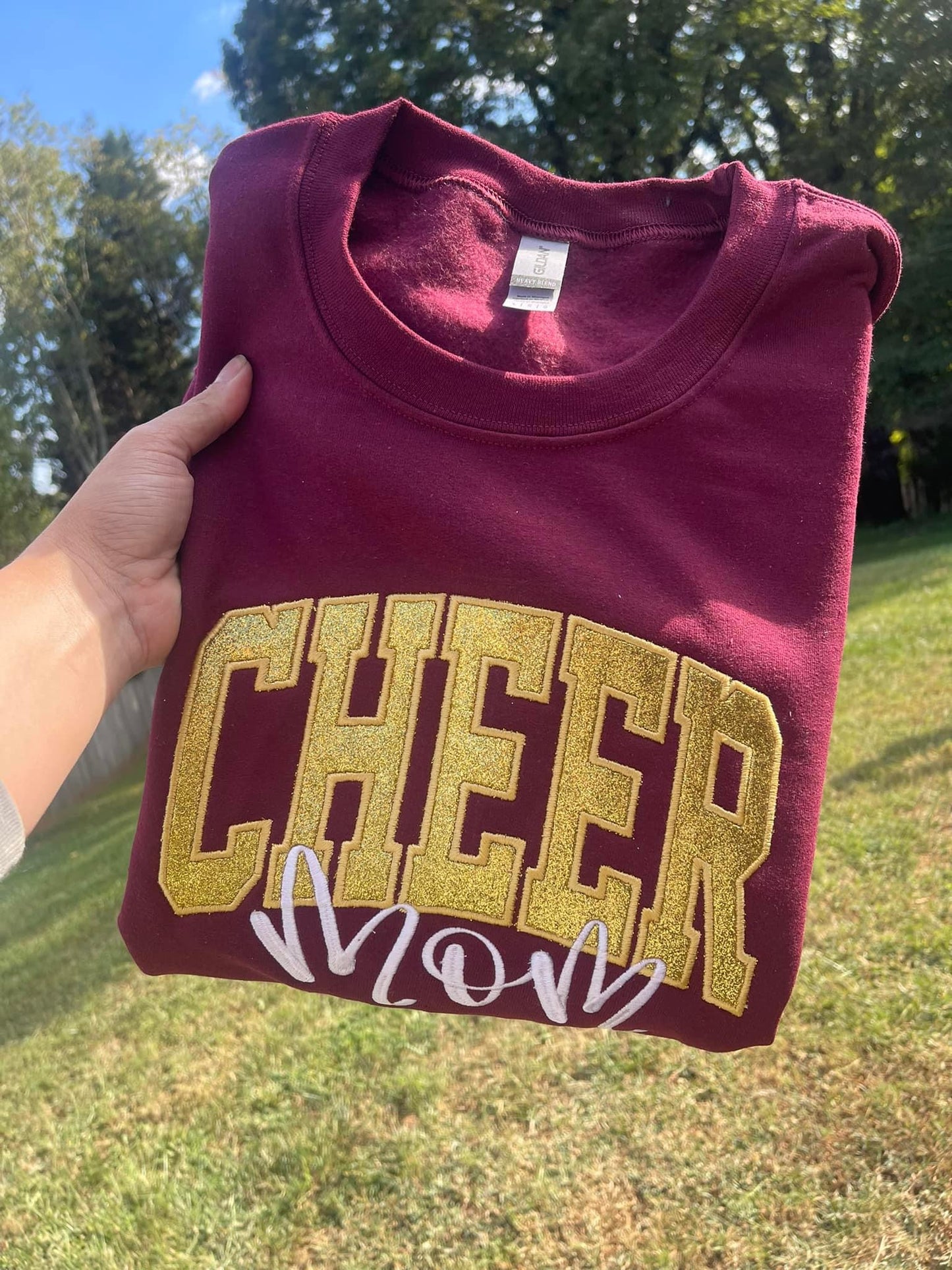 Custom Varsity Glitter Applique and Inspiration Script Font with Name and Icon on Sleeve Embroidered CC Short Sleeve or Sweatshirt