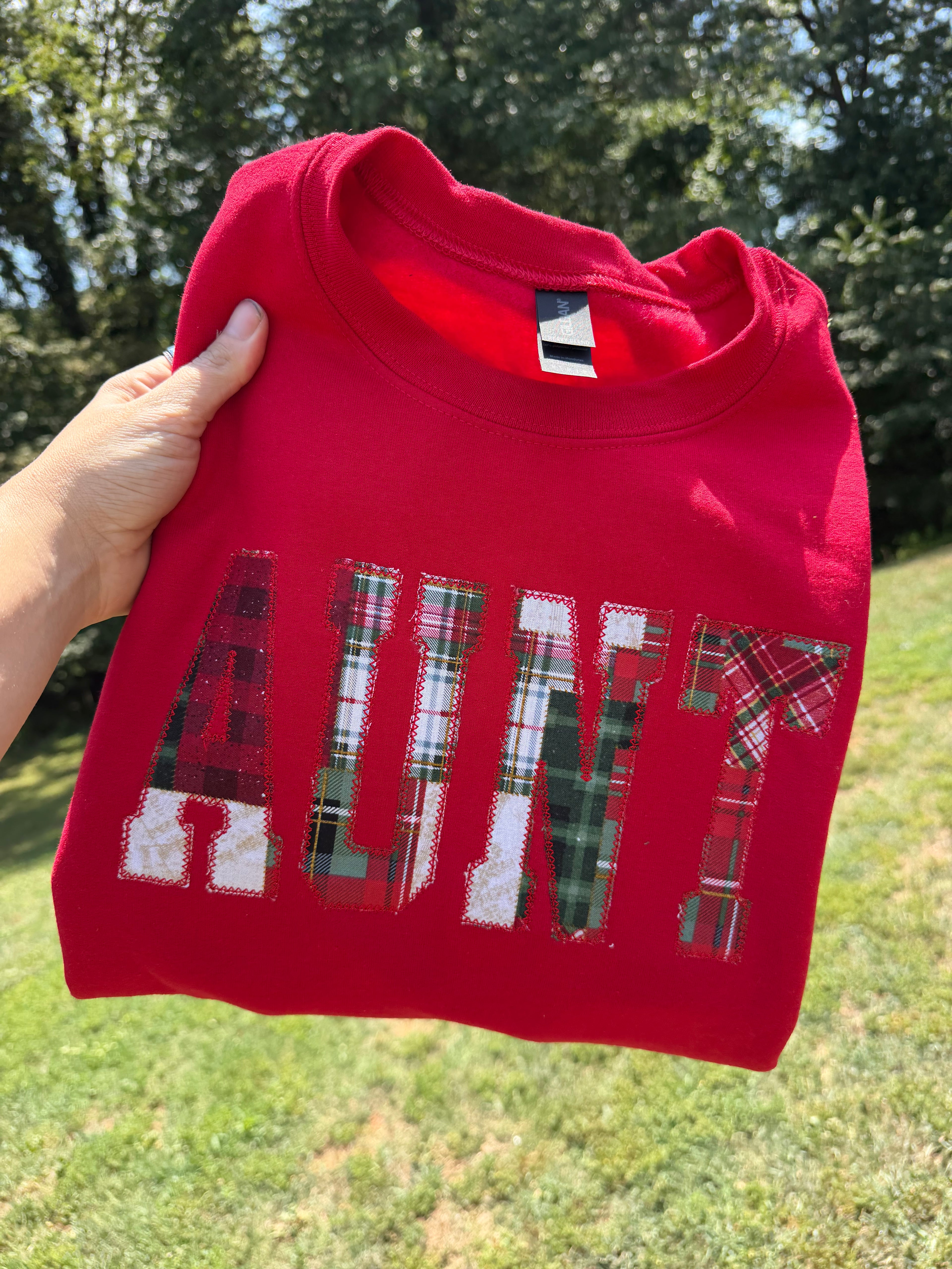 Nana Embroidered Christmas Plaid Personalized Sweatshirt | Custom Diamond Edge Name Appliqué