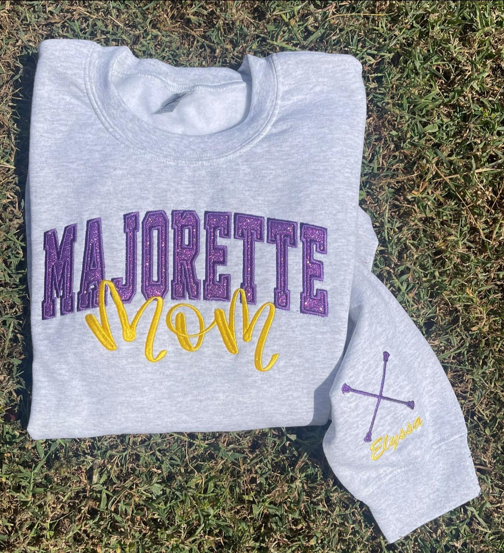 Custom Varsity Glitter Applique and Inspiration Script Font with Name and Icon on Sleeve Embroidered Shirt