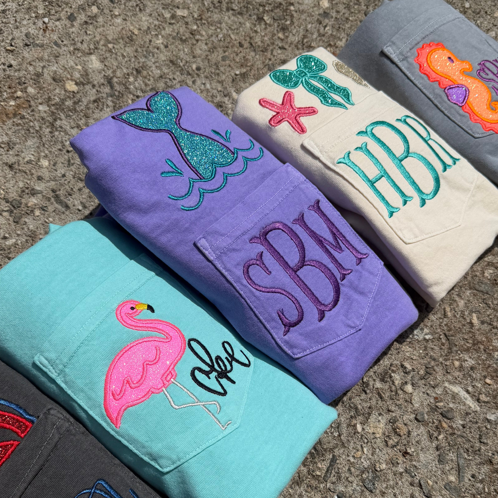 Personalized Mermaid Monogram Pocket Tee | Comfort Colors Pocket Shirt | Coastal Embroidered Initial T-Shirt