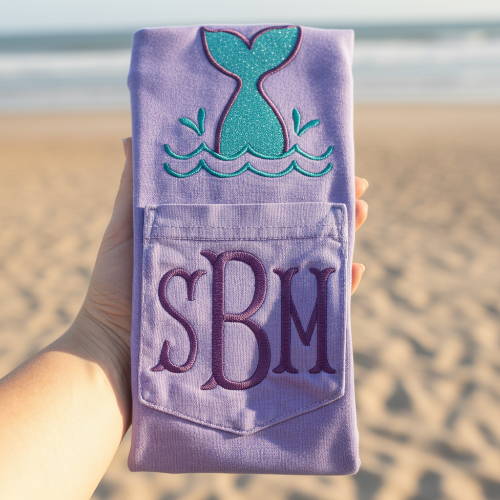 Personalized Mermaid Monogram Pocket Tee | Comfort Colors Pocket Shirt | Coastal Embroidered Initial T-Shirt