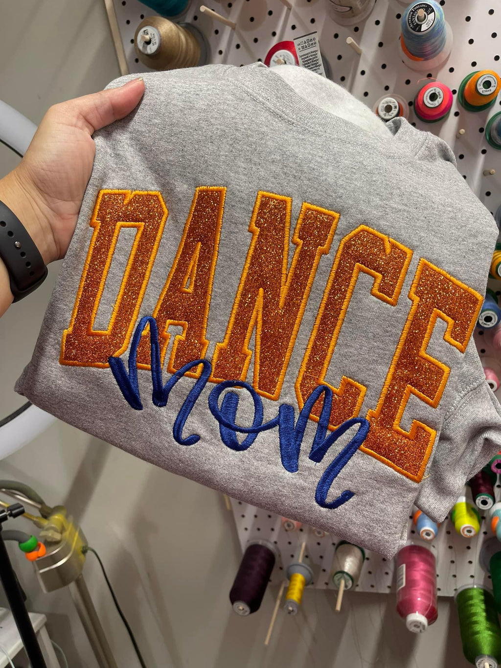 Custom Varsity Glitter Applique and Inspiration Script Font with Name and Icon on Sleeve Embroidered Shirt