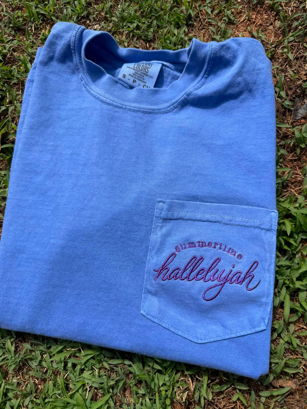 Summertime Hallelujah Embroidered Pocket Tee | Christian Comfort Colors Shirt