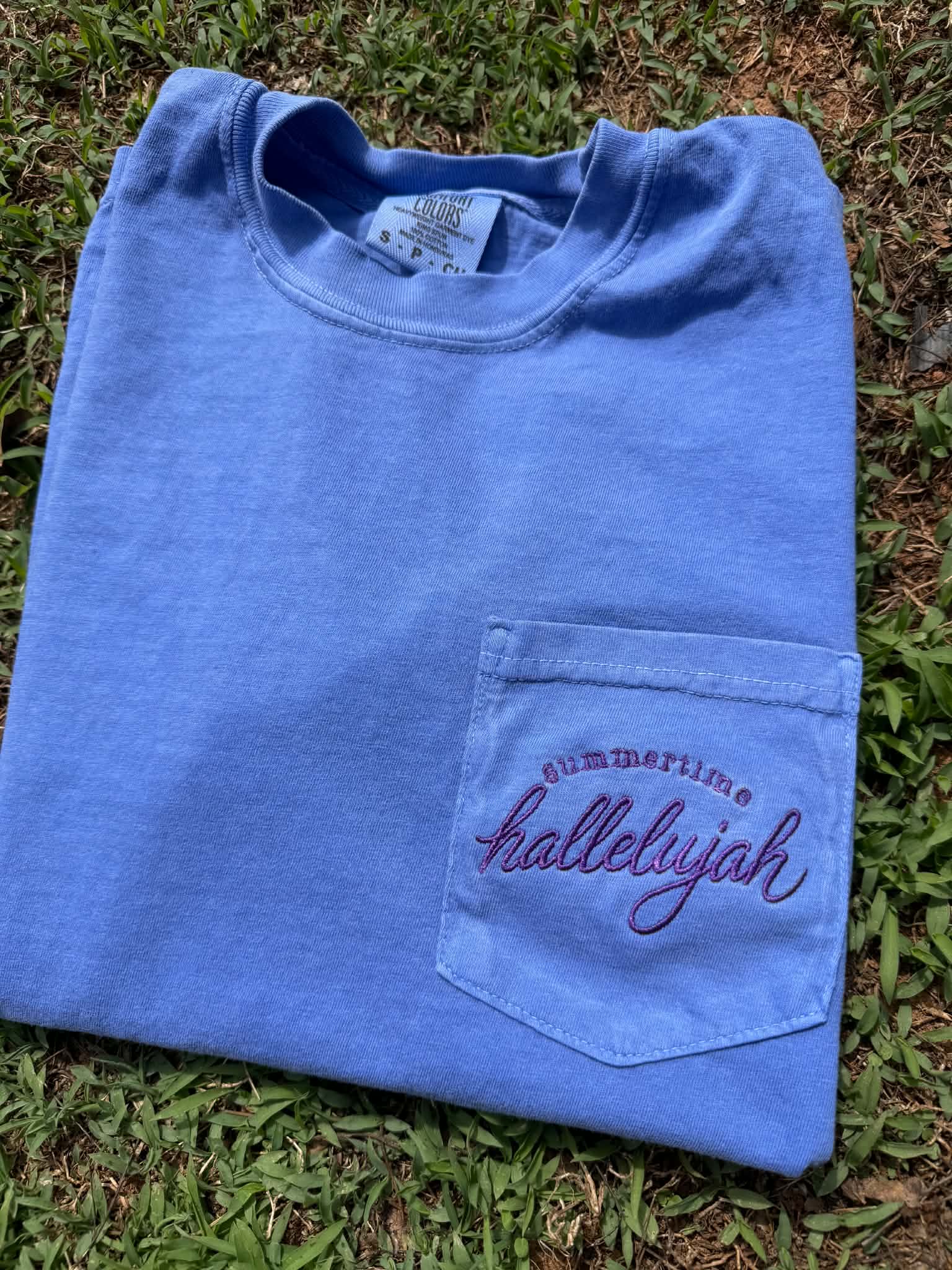 Summertime Hallelujah Embroidered Pocket Tee | Christian Comfort Colors Shirt