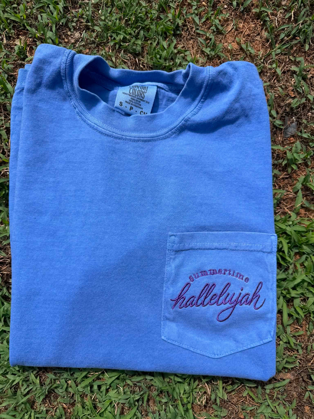 Blue Comfort Colors pocket t-shirt featuring Summertime Hallelujah embroidery, customizable with your choice of shirt and thread color.