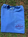 Blue Comfort Colors pocket t-shirt featuring Summertime Hallelujah embroidery, customizable with your choice of shirt and thread color.