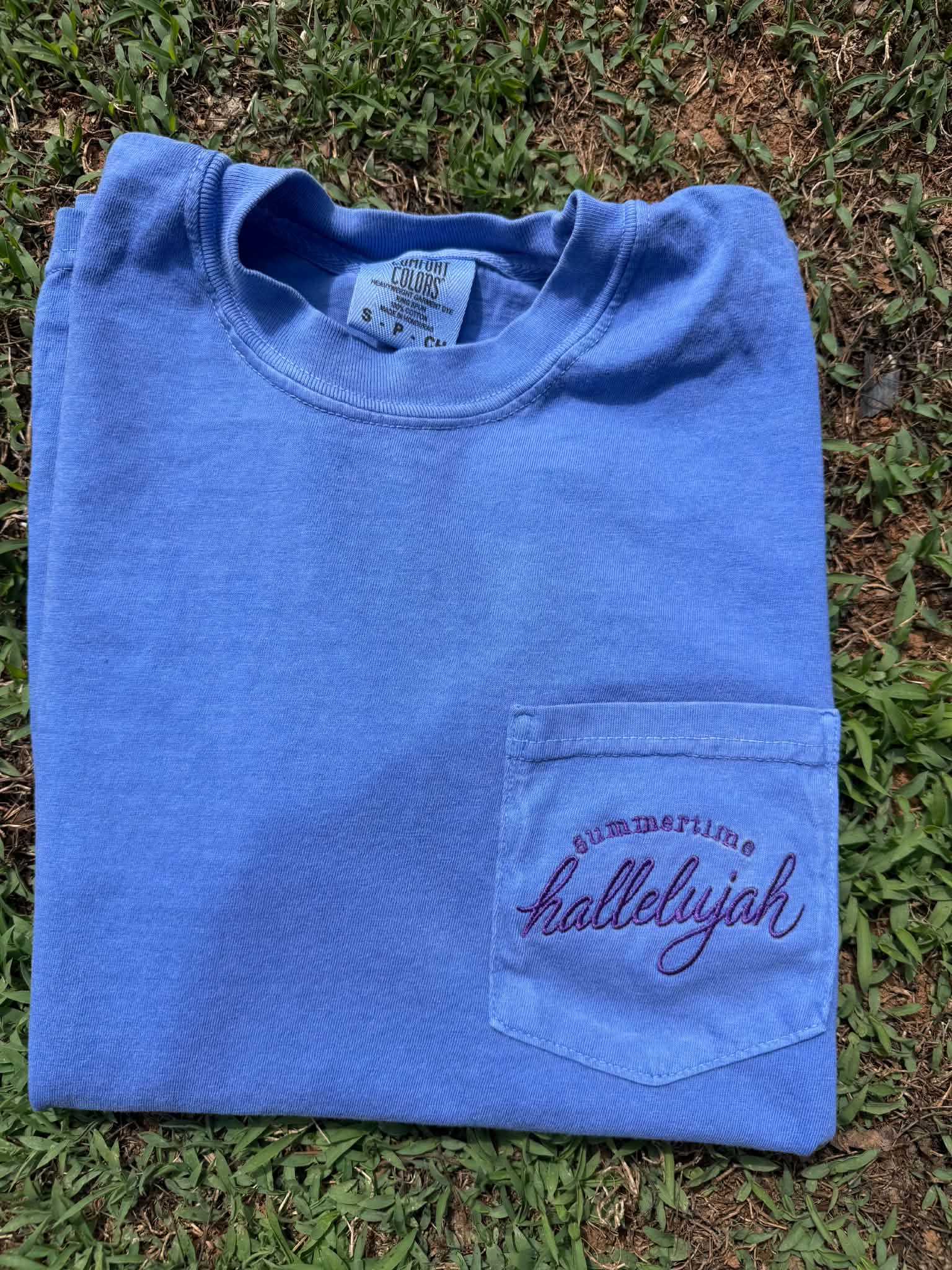 Blue Comfort Colors pocket t-shirt featuring Summertime Hallelujah embroidery, customizable with your choice of shirt and thread color.