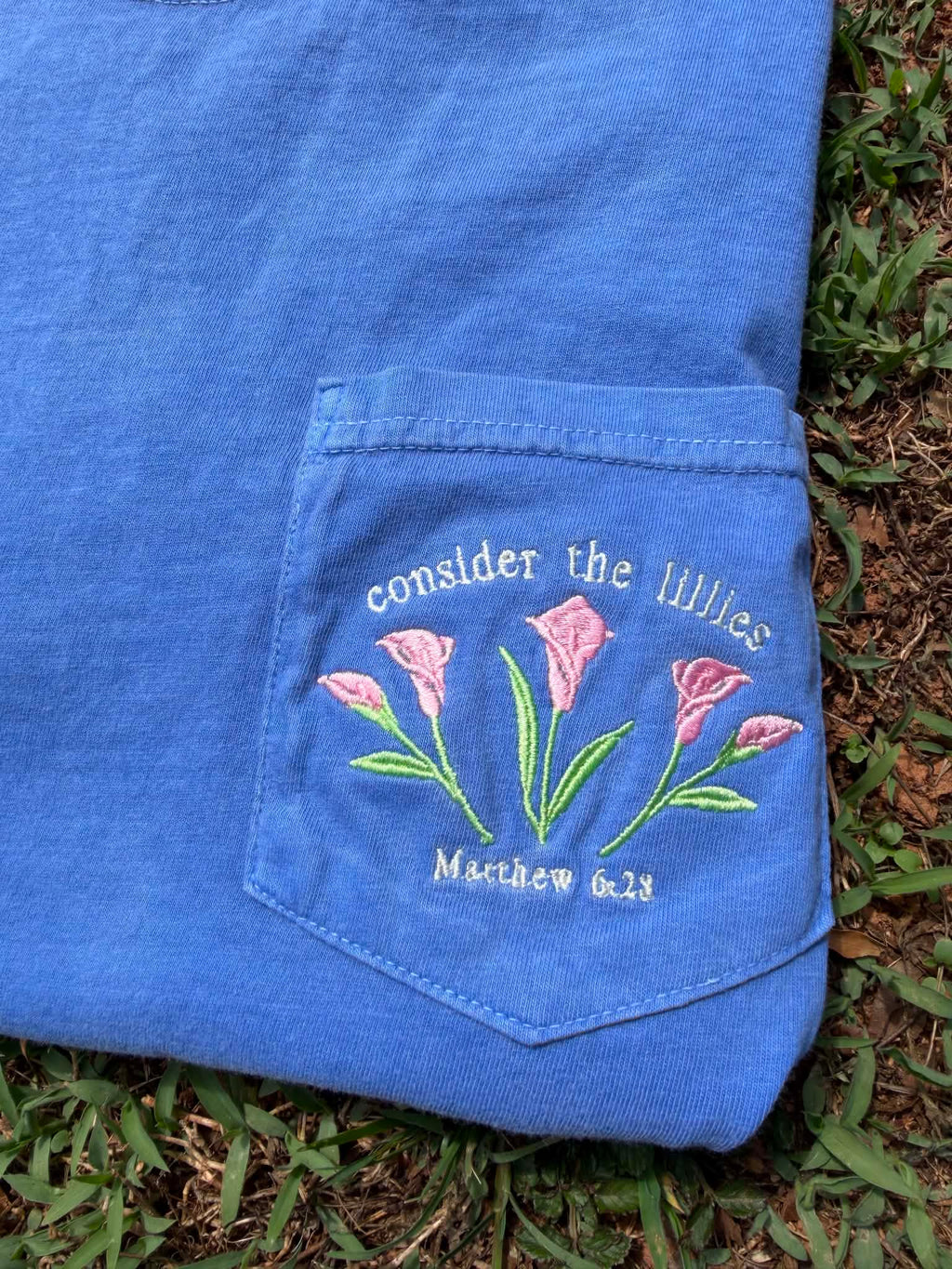Consider the Lilies Embroidered Pocket Tee | Matthew 6:28