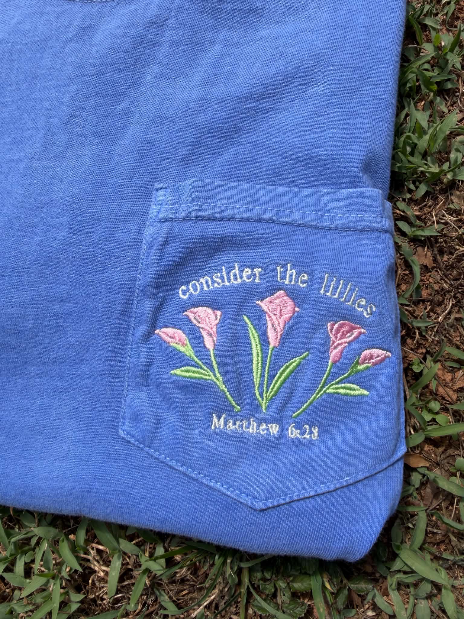 Consider the Lilies Embroidered Pocket Tee | Matthew 6:28