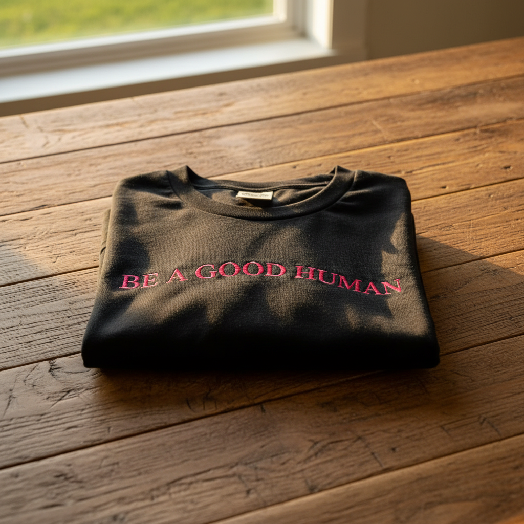 Custom “BE A GOOD HUMAN” Embroidered Shirt | Choose Style, Color & Thread