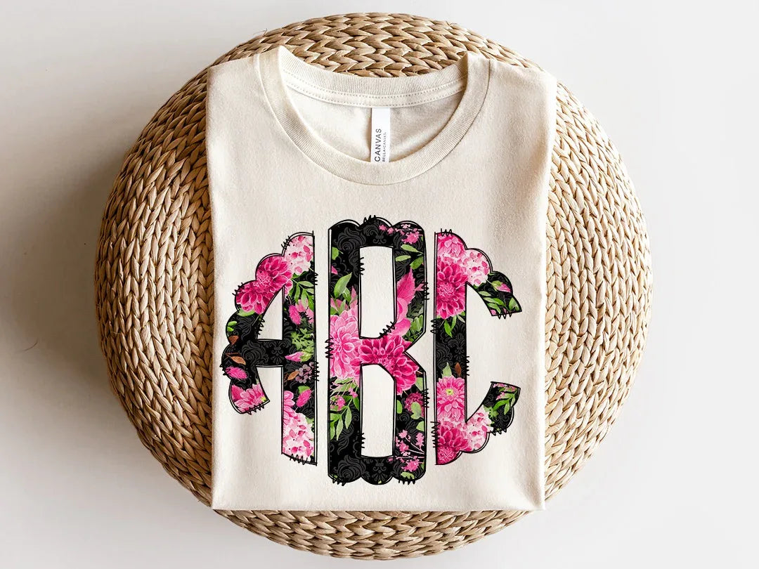 Pink and Black Floral Monogram Graphic Tee - Merch Girls