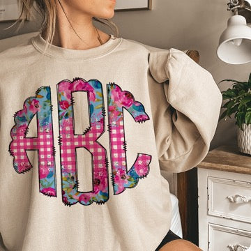 Pink Plaid and Floral Monogram Graphic Tee
