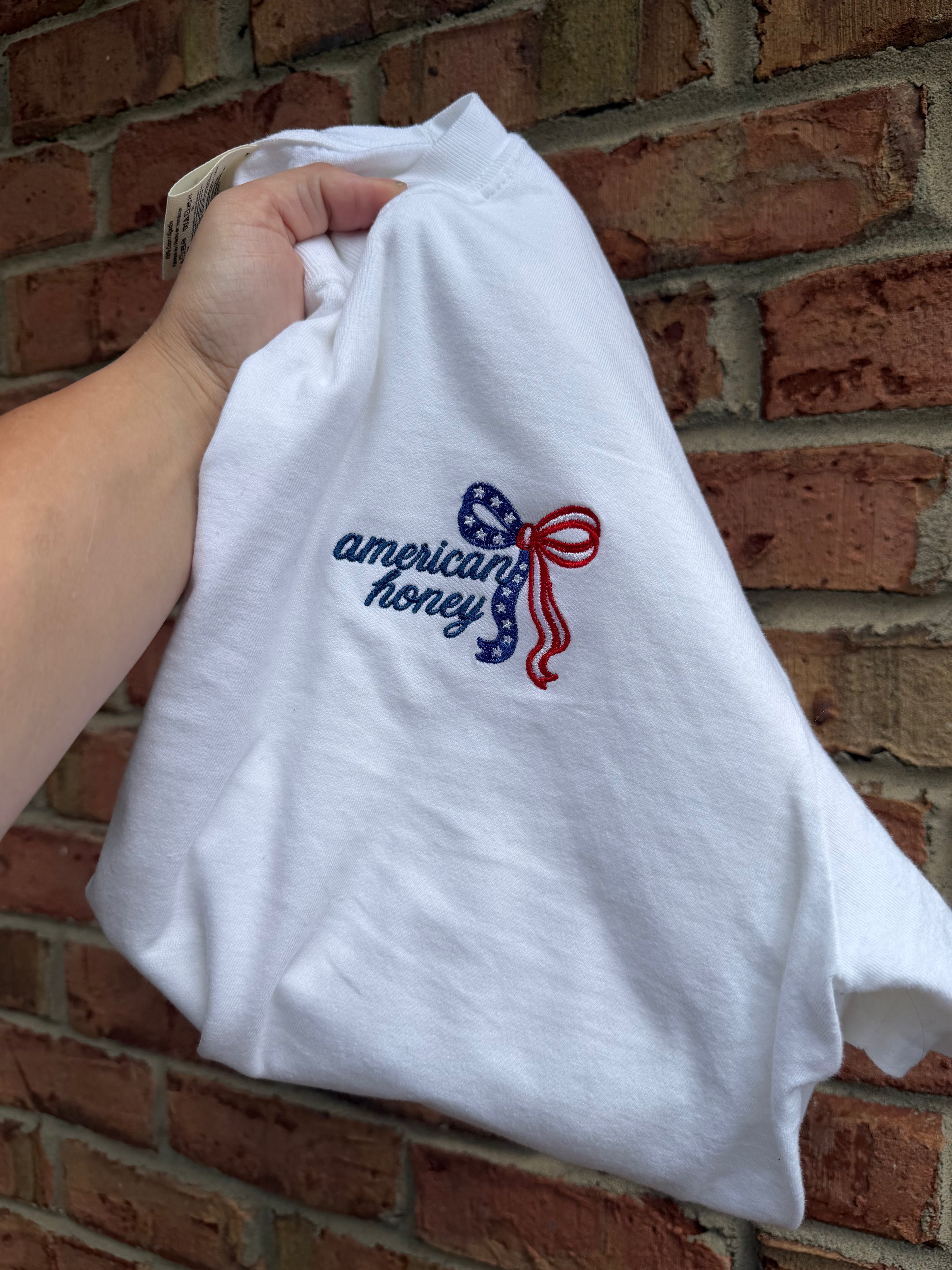 American Honey Embroidered Bow Shirt | Patriotic Coquette Comfort Colors Tee