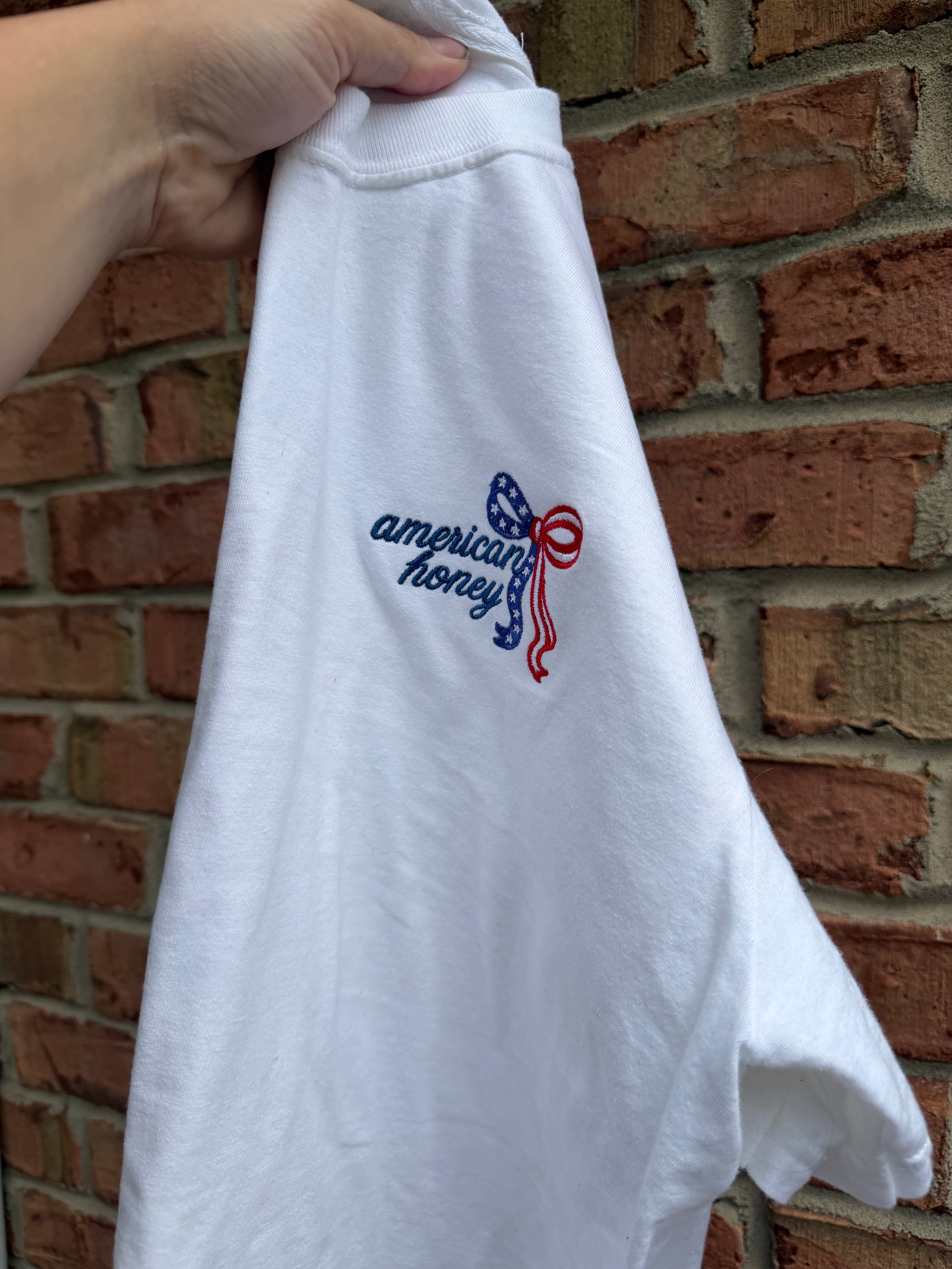 American Honey Embroidered Bow Shirt | Patriotic Coquette Comfort Colors Tee