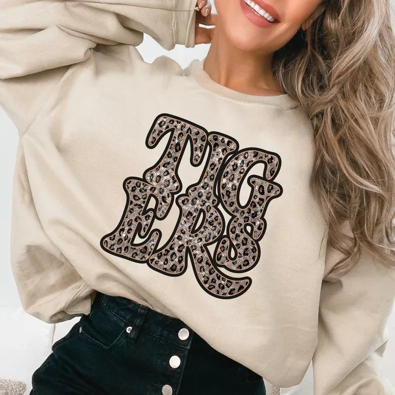 Tigers Vintage Shadow Outline in Faux Sequin Leopard DTF Transfer - Merch Girls