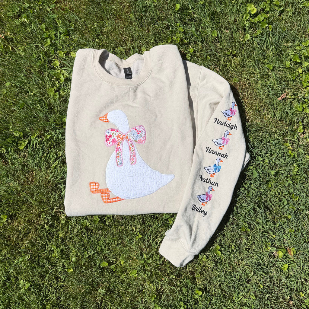 Silly Goose Quilted Applique Embroidered Mama Shirt | Customizable Sleeve with Names