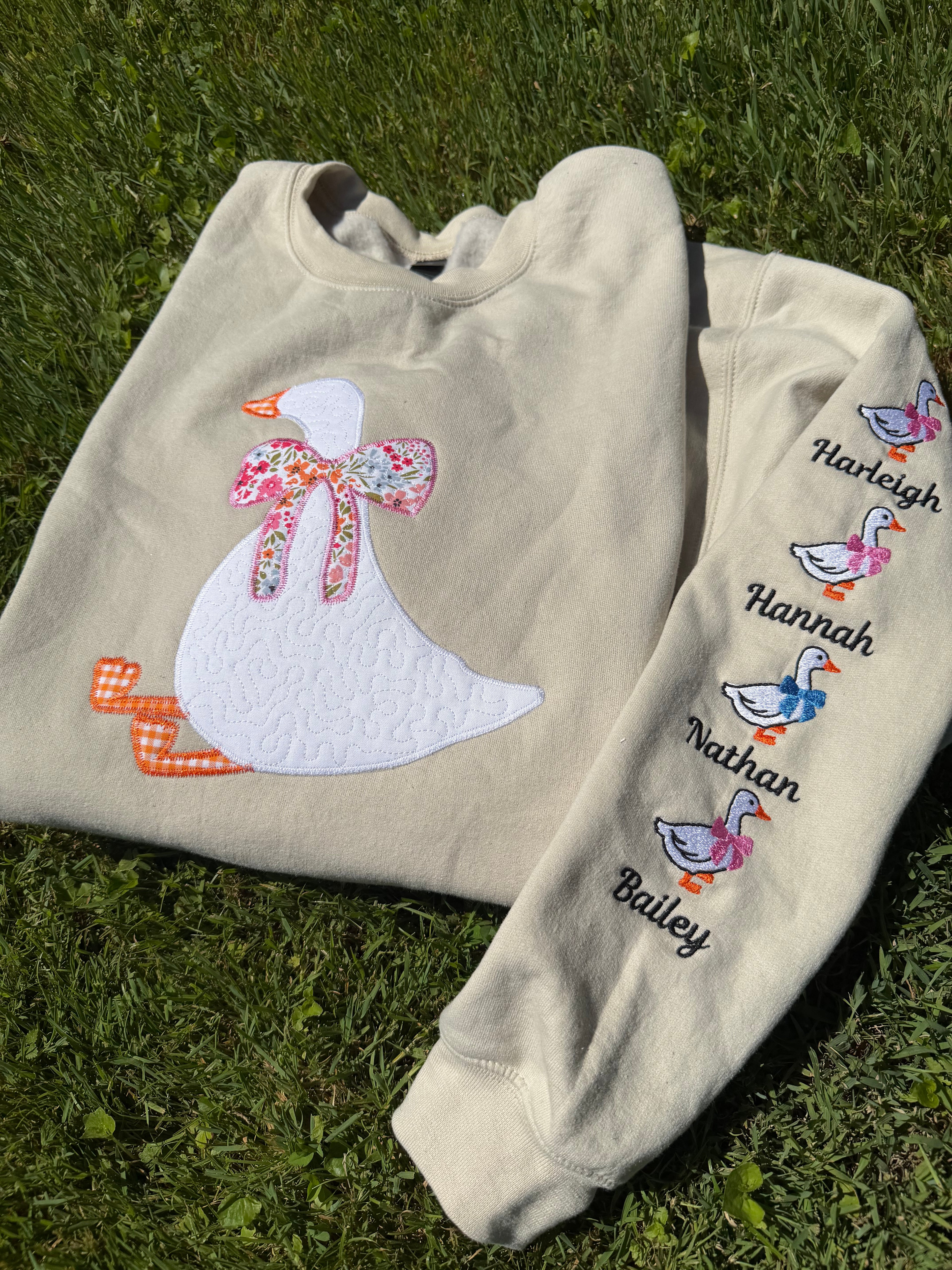 Silly Goose Quilted Applique Embroidered Mama Shirt | Customizable Sleeve with Names