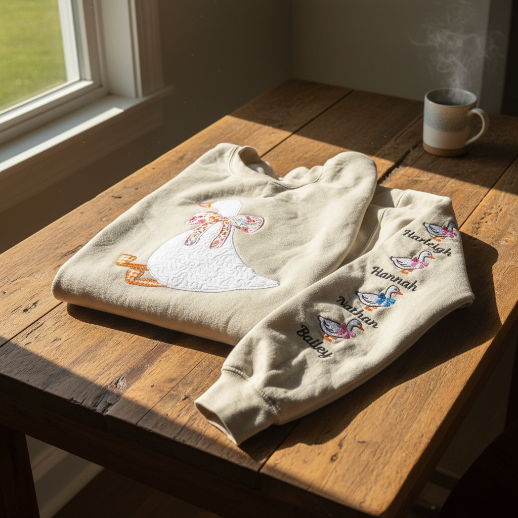 Silly Goose Quilted Applique Embroidered Mama Shirt | Customizable Sleeve with Names