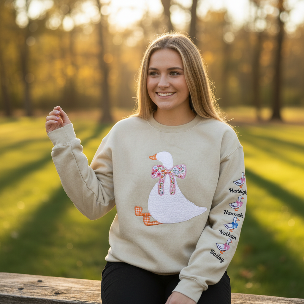 Silly Goose Quilted Applique Embroidered Mama Shirt | Customizable Sleeve with Names