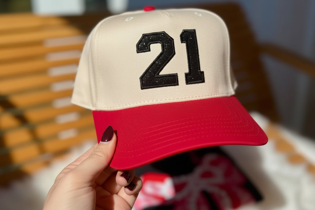 Black Glitter Applique Jersey Number Embroidered Adjustable Five-Panel Twill Hat