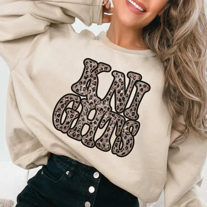 Knights Vintage Shadow Outline in Faux Sequin Leopard DTF Transfer - Merch Girls