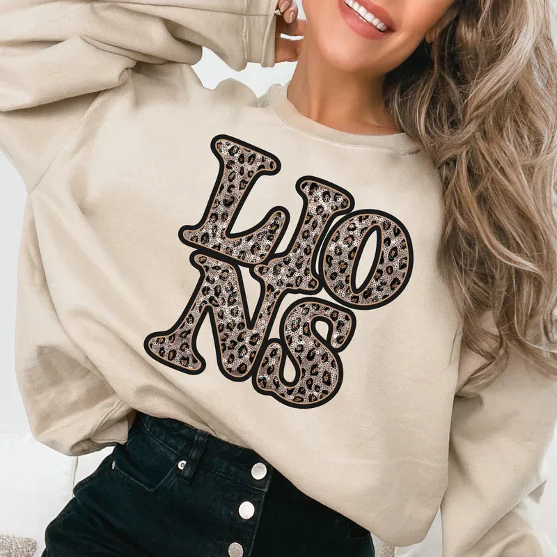 Lions Vintage Shadow Outline in Faux Sequin Leopard DTF Transfer - Merch Girls