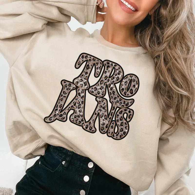 Trojans Vintage Shadow Outline in Faux Sequin Leopard DTF Transfer - Merch Girls