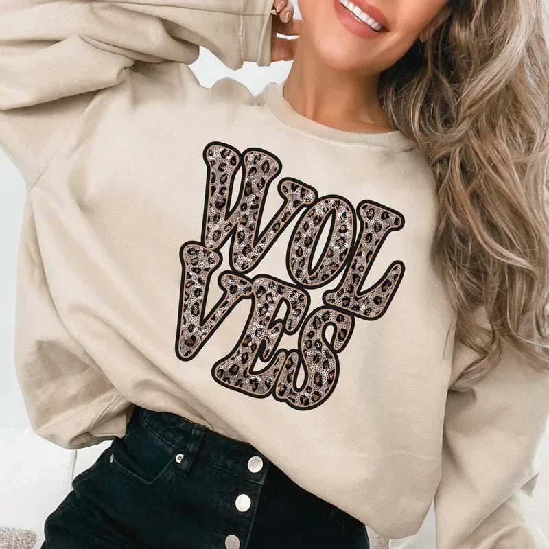 Wolves Vintage Shadow Outline in Faux Sequin Leopard DTF Transfer - Merch Girls