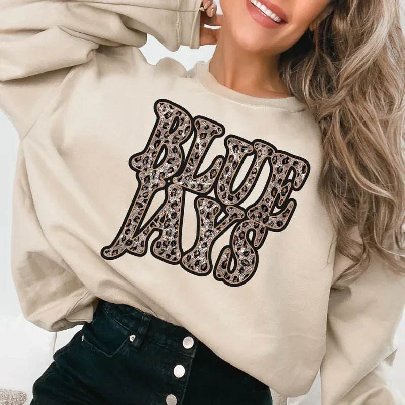Bluejays Vintage Shadow Outline in Faux Sequin Leopard DTF Transfer - Merch Girls