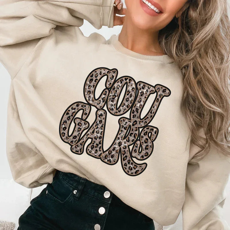 Cougars Vintage Shadow Outline in Faux Sequin Leopard DTF Transfer - Merch Girls