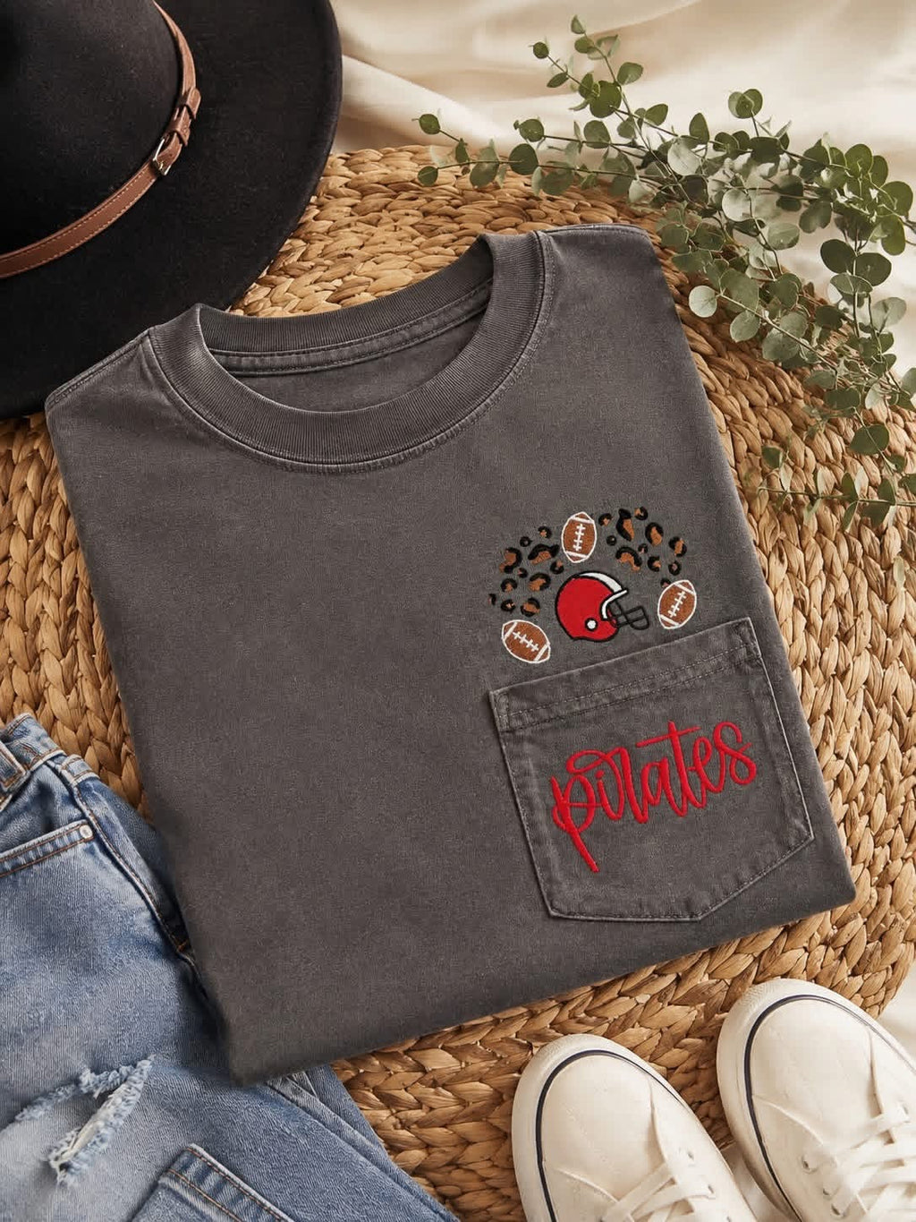 Leopard Football Helmet Embroidered Pocket Tee | Personalized Team Spirit Shirt