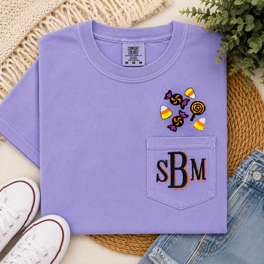 Personalized Halloween Candy Pocket Tee | Embroidered Candy Corn & Trick-or-Treat Pocket Shirt | Adult S–3X