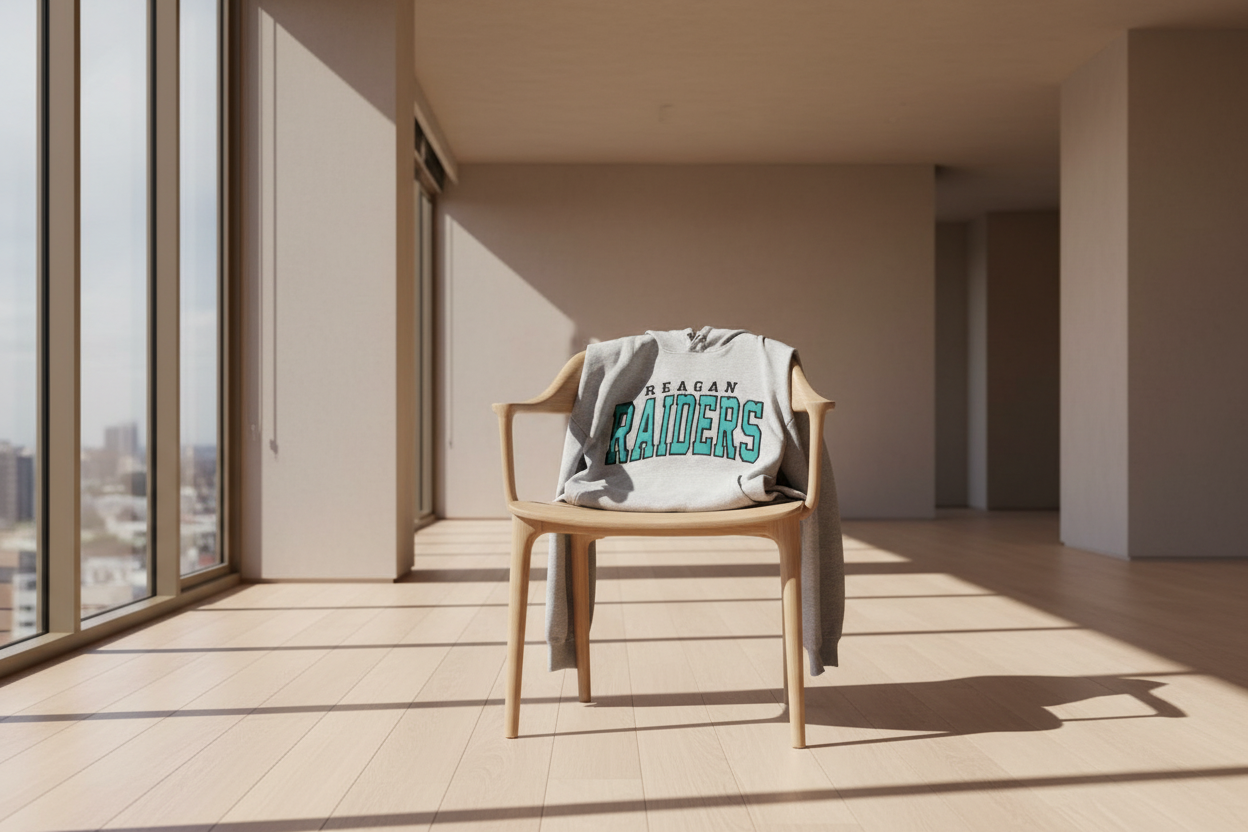 Chair with a Raiders jacket draped over it in a modern room with large windows.