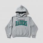 Gray hoodie with 'Reagan Raiders' text on a light gray background
