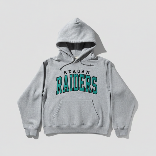 Gray hoodie with 'Reagan Raiders' text on a light gray background