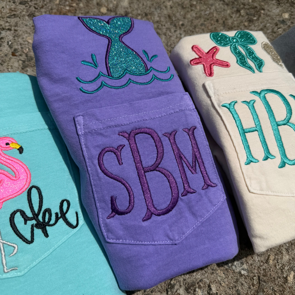 Personalized Mermaid Monogram Pocket Tee | Comfort Colors Pocket Shirt | Coastal Embroidered Initial T-Shirt